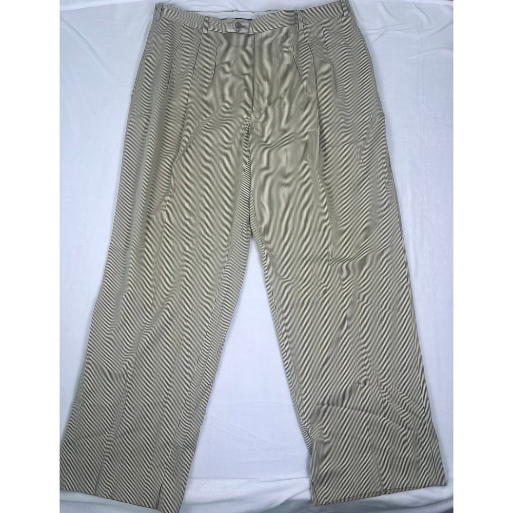 Milano‎ Roma Lineage Mens 40x30 Tan White Striped Pleated Dress Pants Trousers